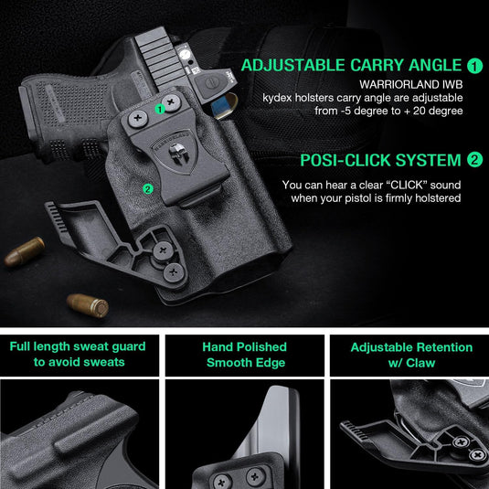 Glock 26  / 𝟮𝟳 / 𝟯𝟯 (𝗠𝗢𝗦)  IWB Kydex Holster - WARRIORLAND Optic Cut + Claw, Right-Hand Concealed Carry