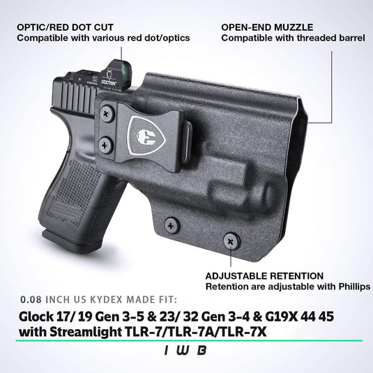 WARRIORLAND IWB Kydex Holster Optic Cut, Fits Glock 17/19 Gen 3-5 & 23/32 Gen 3-4 & 19X 44 45 with TLR-7/TLR-7A/TLR-7X, Inside Waistband Conceal Carry, Adj. Cant & Posi-Click Retention