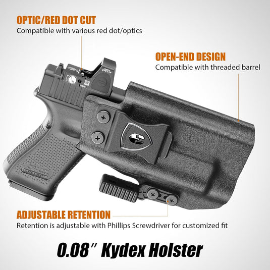 Glock 17/19 Gen3-6 / G19X / 44/45 / G34 Gen4-5 IWB Kydex Holster w/Claw - TLR-1 / TLR-1 HL / HL-X / HP-X / TLR-1s Light Bearing, Optic Cut, Adj. Retention & Cant, Right Hand - WARRIORLAND