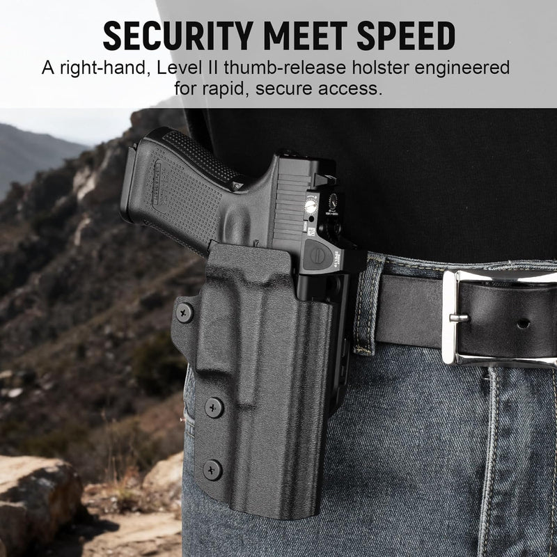 Load image into Gallery viewer, Glock 17/19/19X/45 Holster OWB Kydex Optic Cut - Thumb Release, Fits Gen 3-5 &amp; G23/G32/G44, 360° Adjustable Cant, 1.5"-2.25" Belt, Right Hand - WARRIORLAND
