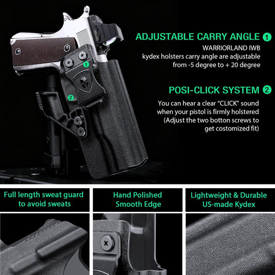 WARRIORLAND IWB Kydex Holster w/Claw & Optic Cut for 5" No-Rail 1911 (Colt · Kimber · Springfield · Ruger · S&W · Sig · RIA · Tisas) - Concealed Carry, Adjustable Cant & Retention, Right Hand Draw