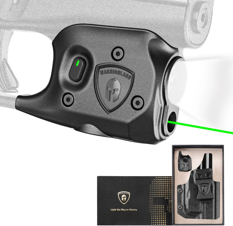 Load image into Gallery viewer, WARRIORLAND Pistol Light Laser &amp; Holster Fit for Glock 43 / 43X (No Rail Version), Compact 150-Lumen Trigger Mounted Tactical Weapon Light with Green Laser White LED &amp; IWB Holster, Power Indicator
