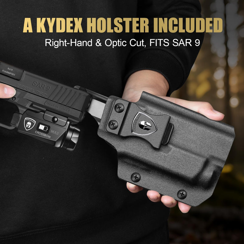 Load image into Gallery viewer, Sar9 Pistol Light + IWB Holster Combo - WARRIORLAND MA2 800 Lumen Rechargeable LED Weapon Light with OLED Power Indicator, Right Hand Kydex Holster Included
