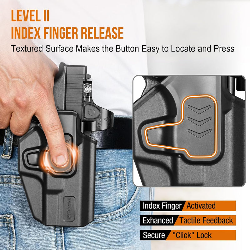 Load image into Gallery viewer, WARRIORLAND  Level II Index Finger Release Paddle Holster, Fits Glock 19/45 Gen3-6 &amp; 23/26 Gen3-5 &amp;19X/44 Also Fits Ruger RXM, PSA Dagger Compact, Glock 19X V/ 23V/26V/ 44V/45V, Optic Cut, Adj. Cant
