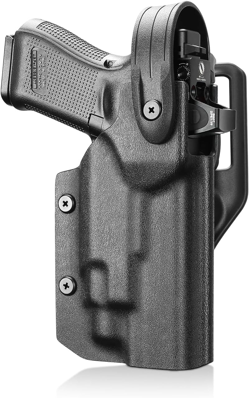 Load image into Gallery viewer, Glock 17/19/19X/45 Gen3-5 Holster OWB Kydex Light-Bearing - Fits TLR-7A / TLR-7 X / TLR-7 HL-X / TLR-8A / TLR-8 X &amp; More, Optic Cut, Thumb Release, 2.0" Mid-Ride Belt Loop, Right Hand - WARRIORLAND
