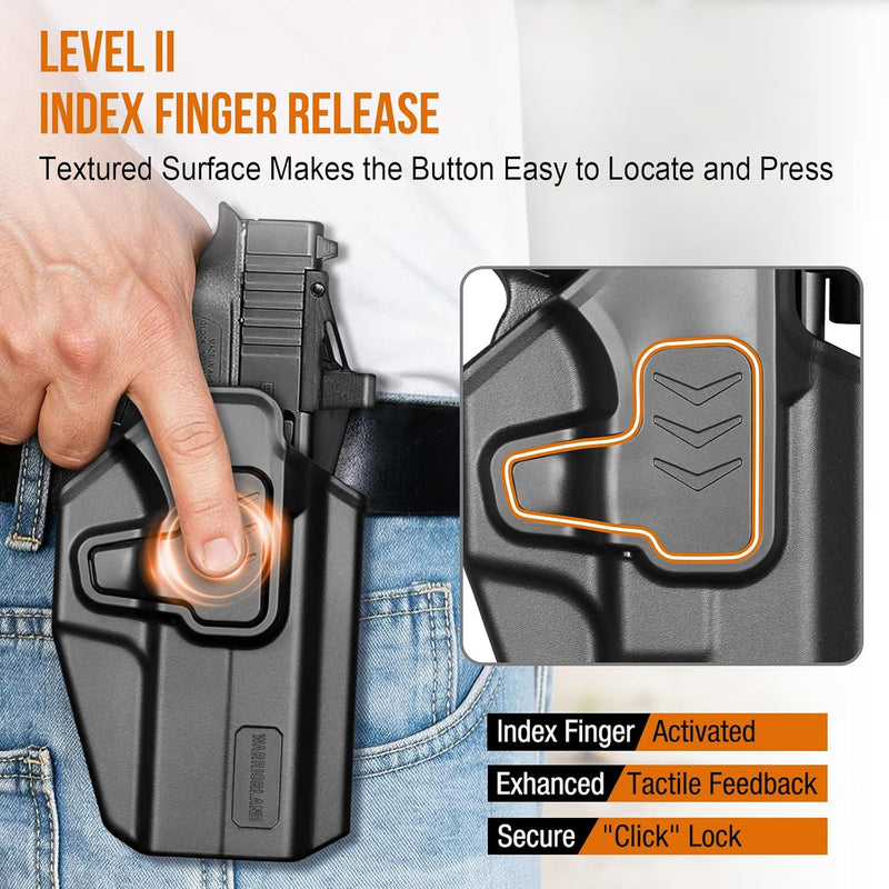 Load image into Gallery viewer, WARRIORLAND Level II Index Finger Release Paddle Holster, Fits Glock 43X/ 43X MOS/ 43 &amp; Glock 48/48 MOS / PSA Dagger Micro, Optic Cut, Adj. Cant &amp; Retention, Right Hand
