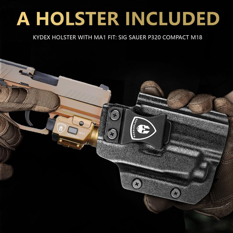 Load image into Gallery viewer, WARRIORLAND Kydex Holster for Sig P320 Compact/M18/M17/Full-Size with MA1 800 Lumen Tactical Light, Rail Mounted Green Laser LED Weapon Light w/Power Indicator, Right-Hand Draw IWB/OWB Compatible
