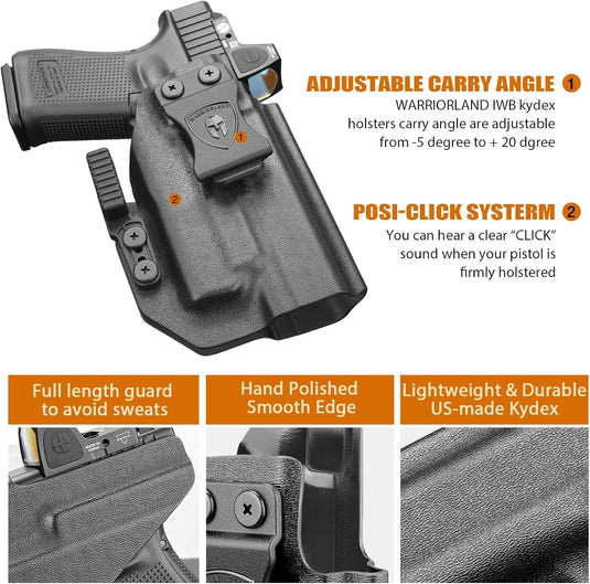 Glock 17/19 Gen3-6 / G19X / 44/45 / G34 Gen5 IWB Kydex Holster w/Claw - Olight Baldr S / Mini / RL Mini Light Bearing, Optic Cut, Adj. Retention & Cant, Right Hand - WARRIORLAND