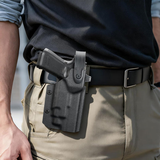 Glock 17/19/19X/45 Gen3-5 Holster OWB Kydex Light-Bearing - Fits TLR-7A / TLR-7 X / TLR-7 HL-X / TLR-8A / TLR-8 X & More, Optic Cut, Thumb Release, 2.0" Mid-Ride Belt Loop, Right Hand - WARRIORLAND