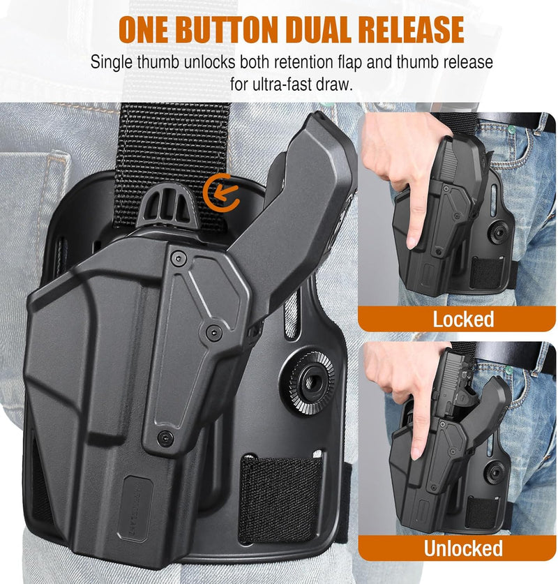 Load image into Gallery viewer, WARRIORLAND Level 2 Drop Leg Holster for 17/19/ 22/23/34 Gen 3-5 &amp; G31/32 Gen 3-4 &amp; 19X/44/45/47/49 &amp; MOS Version, Optic Cut with RDS Cover, Tactical Thigh Holster with Adj. Heigh, Open Muzzle Design
