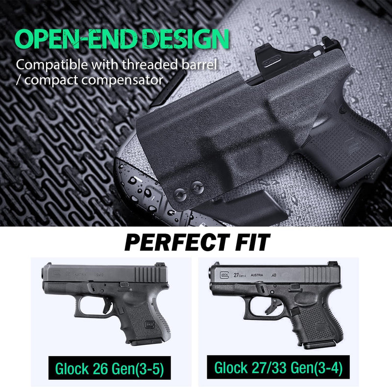 Load image into Gallery viewer, Glock 26  / 𝟮𝟳 / 𝟯𝟯 (𝗠𝗢𝗦)  IWB Kydex Holster - WARRIORLAND Optic Cut + Claw, Right-Hand Concealed Carry
