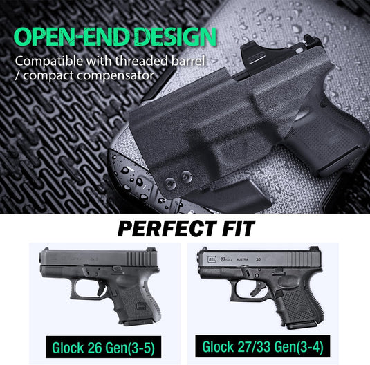 Glock 26  / 𝟮𝟳 / 𝟯𝟯 (𝗠𝗢𝗦)  IWB Kydex Holster - WARRIORLAND Optic Cut + Claw, Right-Hand Concealed Carry