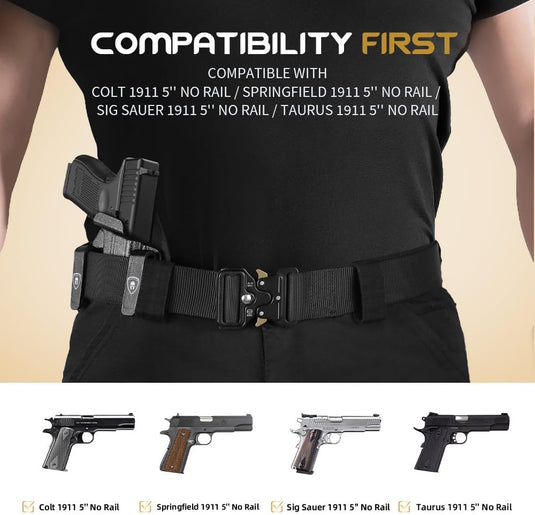 WARRIORLAND Hybrid Kydex & Nylon Holster, Optional for 1911 .45ACP 5 Inch no rail only - Including Colt / Elite Force / Kimber / Springfield / RIA / S&W / Ruger / Taurus / Rock Island and more 1911 Pistol, Optics Cut & Open Muzzle, Concealed Carry Right