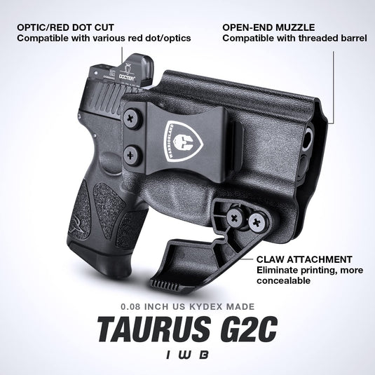 Taurus G2C / G3C / Millennium PT111 G2 / PT140 IWB Kydex Holsters with 1.75 Inch Steel Clip Claw Attachment, Red Dot Cut, Right Hand | WARRIORLAND