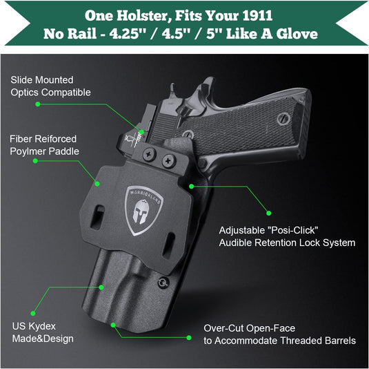 1911 OWB Kydex Holster, Made for 1911 5'' No Rail Pistol, Right Hand | WARRIORLAND